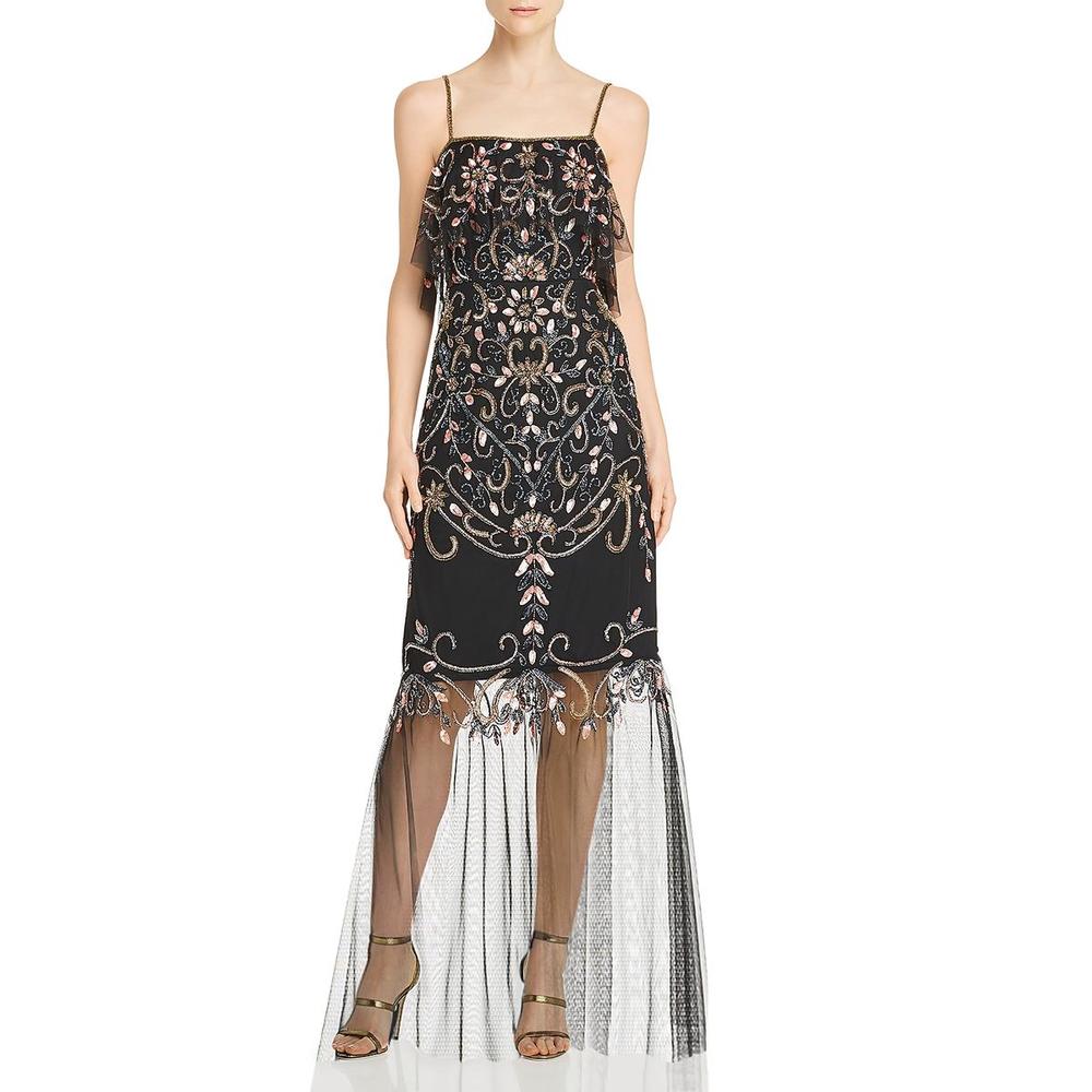 Aidan Mattox Womens Black Mesh Beaded Sequined Evening Dress Gown NWOT